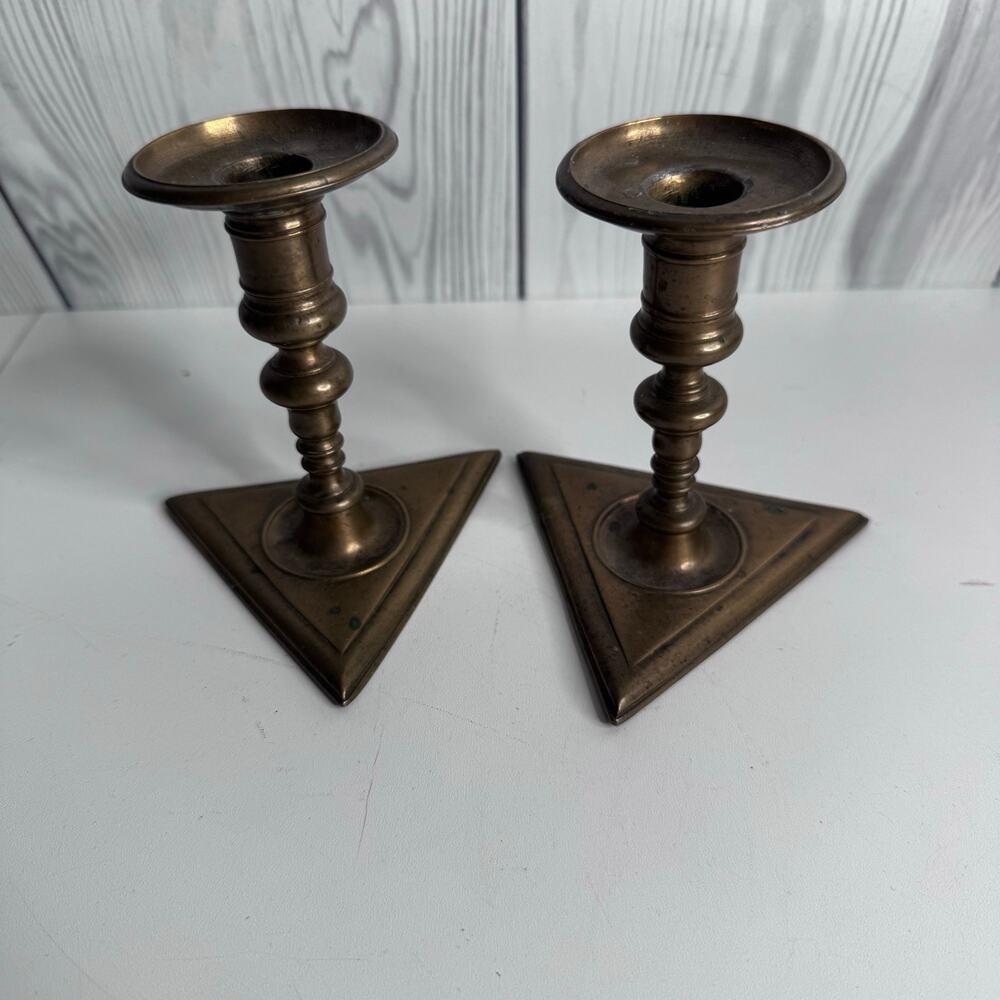 Rare Vintage Brass Triangle  Set of 2 Candlesticks Base Heavy Wear/Patina